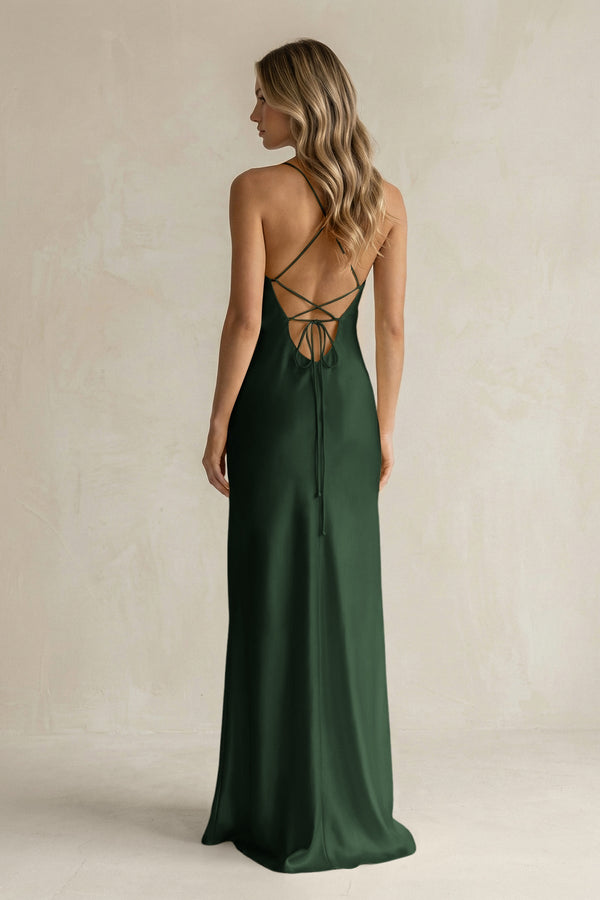 Sheath Satin Spaghetti Strap Bridesmaid Dress in Moss - KissProm Bridesmaid Dresses