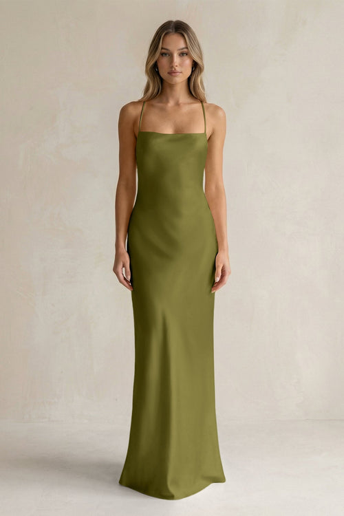 Sheath Satin Spaghetti Strap Bridesmaid Dress in Moss Green - KissProm Bridesmaid Dresses