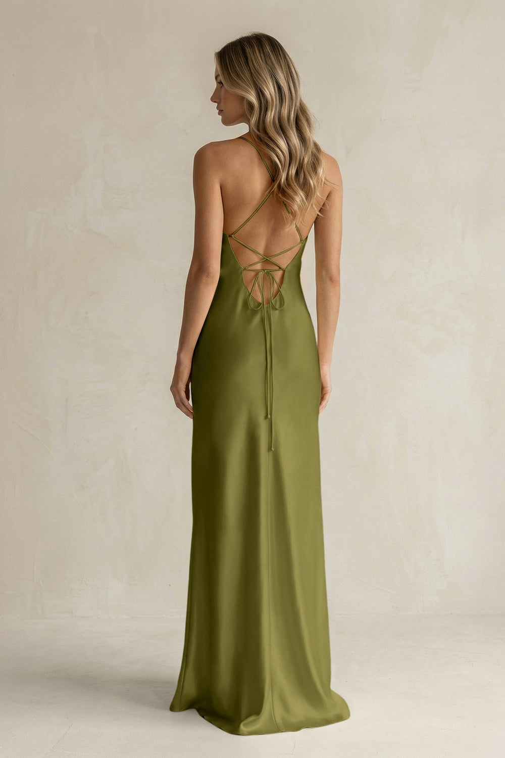 Sheath Satin Spaghetti Strap Bridesmaid Dress in Moss Green - KissProm Bridesmaid Dresses