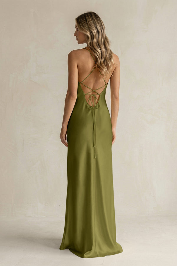 Sheath Satin Spaghetti Strap Bridesmaid Dress in Moss Green - KissProm Bridesmaid Dresses