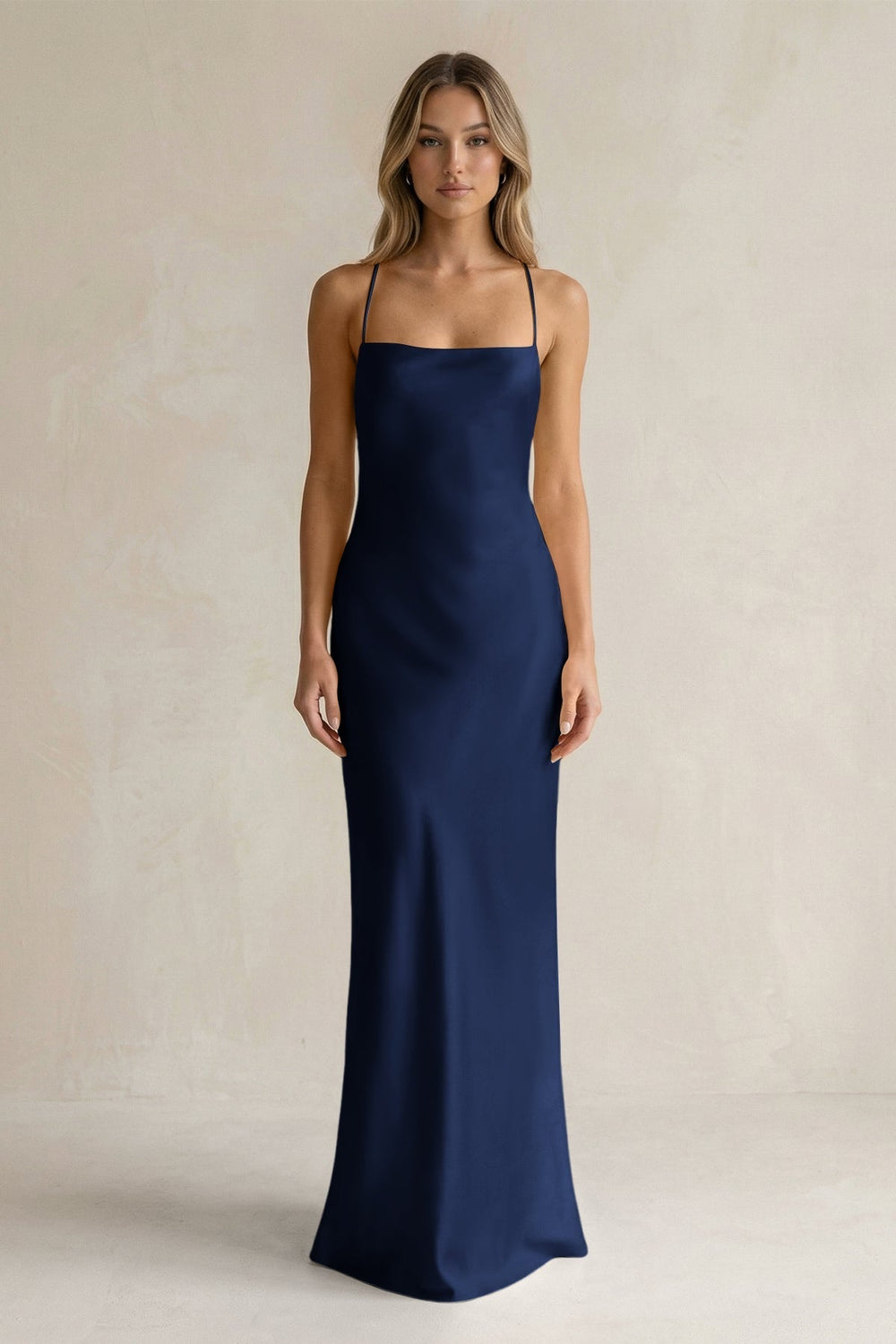 Sheath Satin Spaghetti Strap Bridesmaid Dress in Navy - KissProm Bridesmaid Dresses