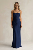 Sheath Satin Spaghetti Strap Bridesmaid Dress in Navy - KissProm Bridesmaid Dresses