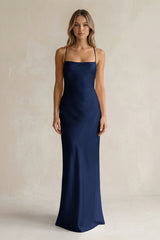 Sheath Satin Spaghetti Strap Bridesmaid Dress in Navy - KissProm Bridesmaid Dresses