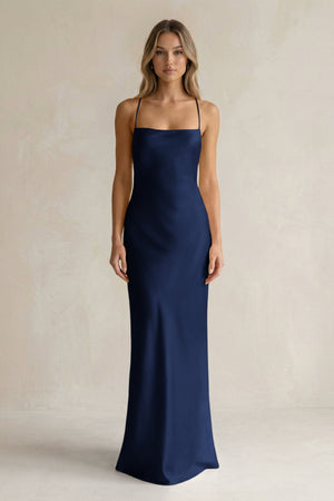Sheath Satin Spaghetti Strap Bridesmaid Dress in Navy - KissProm Bridesmaid Dresses