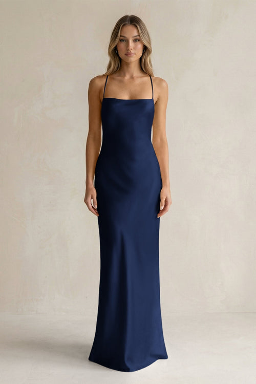 Sheath Satin Spaghetti Strap Bridesmaid Dress in Navy - KissProm Bridesmaid Dresses