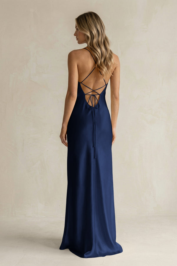 Sheath Satin Spaghetti Strap Bridesmaid Dress in Navy - KissProm Bridesmaid Dresses