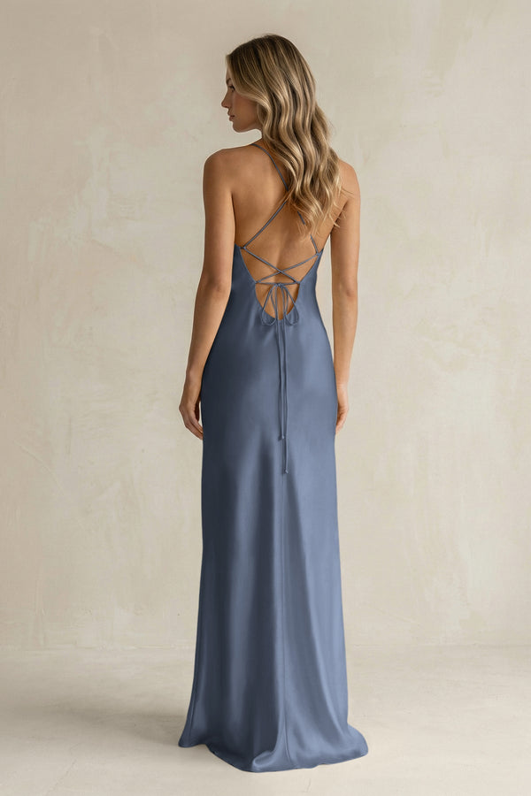 Sheath Satin Spaghetti Strap Bridesmaid Dress in Neptune - KissProm Bridesmaid Dresses