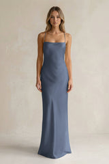 Sheath Satin Spaghetti Strap Bridesmaid Dress in Neptune - KissProm Bridesmaid Dresses
