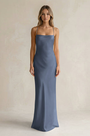 Sheath Satin Spaghetti Strap Bridesmaid Dress in Neptune - KissProm Bridesmaid Dresses
