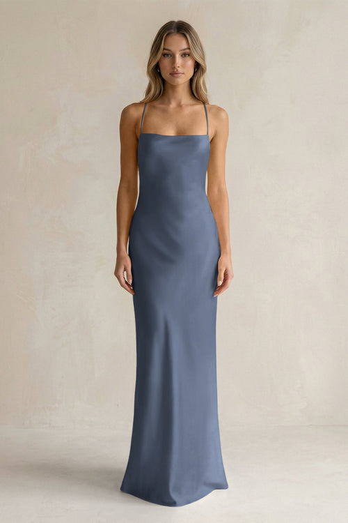 Sheath Satin Spaghetti Strap Bridesmaid Dress in Neptune - KissProm Bridesmaid Dresses