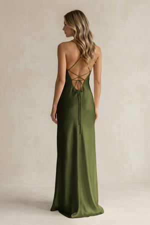 Sheath Satin Spaghetti Strap Bridesmaid Dress in Olive - KissProm Bridesmaid Dresses