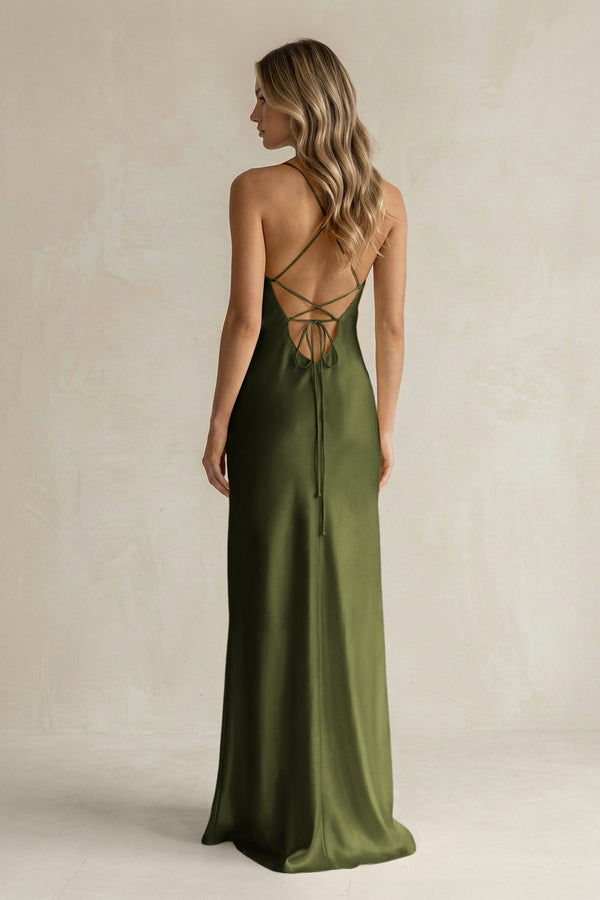 Sheath Satin Spaghetti Strap Bridesmaid Dress in Olive - KissProm Bridesmaid Dresses