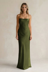 Sheath Satin Spaghetti Strap Bridesmaid Dress in Olive - KissProm Bridesmaid Dresses