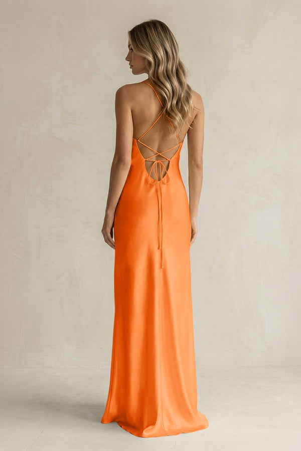 Sheath Satin Spaghetti Strap Bridesmaid Dress in Orange - KissProm Bridesmaid Dresses