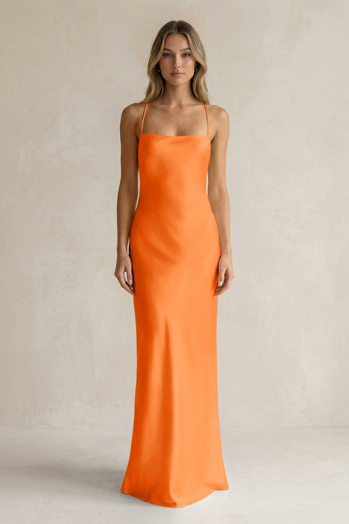 Sheath Satin Spaghetti Strap Bridesmaid Dress in Orange - KissProm Bridesmaid Dresses