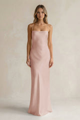Sheath Satin Spaghetti Strap Bridesmaid Dress in Pale Blush - KissProm Bridesmaid Dresses