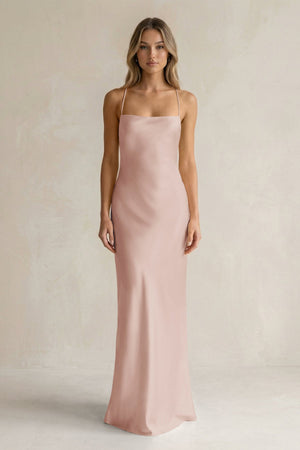 Sheath Satin Spaghetti Strap Bridesmaid Dress in Pale Blush - KissProm Bridesmaid Dresses