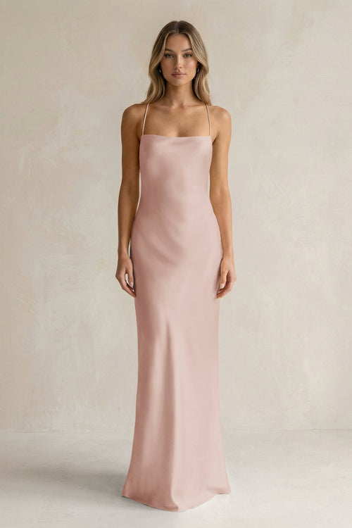 Sheath Satin Spaghetti Strap Bridesmaid Dress in Pale Blush - KissProm Bridesmaid Dresses