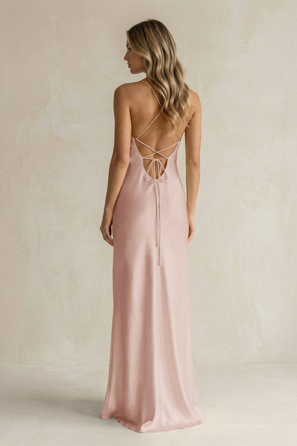 Sheath Satin Spaghetti Strap Bridesmaid Dress in Pale Blush - KissProm Bridesmaid Dresses