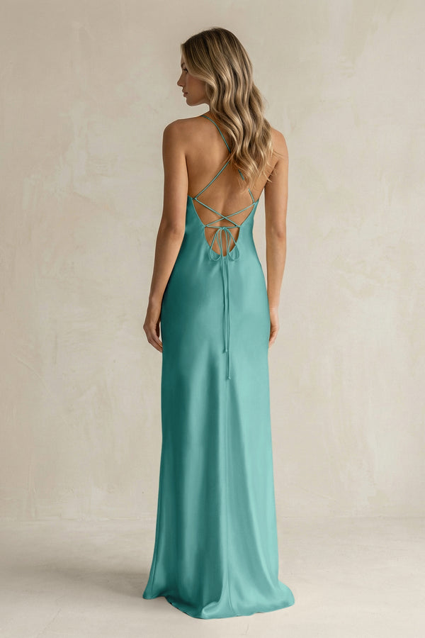 Sheath Satin Spaghetti Strap Bridesmaid Dress in Pale Pistachio - KissProm Bridesmaid Dresses