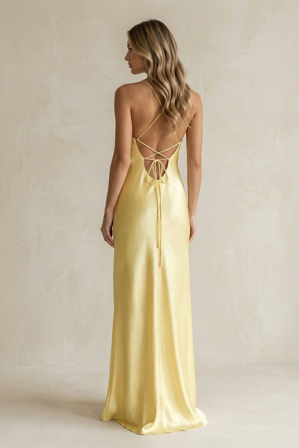 Sheath Satin Spaghetti Strap Bridesmaid Dress in Pastel Yellow - KissProm Bridesmaid Dresses