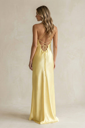 Sheath Satin Spaghetti Strap Bridesmaid Dress in Pastel Yellow - KissProm Bridesmaid Dresses