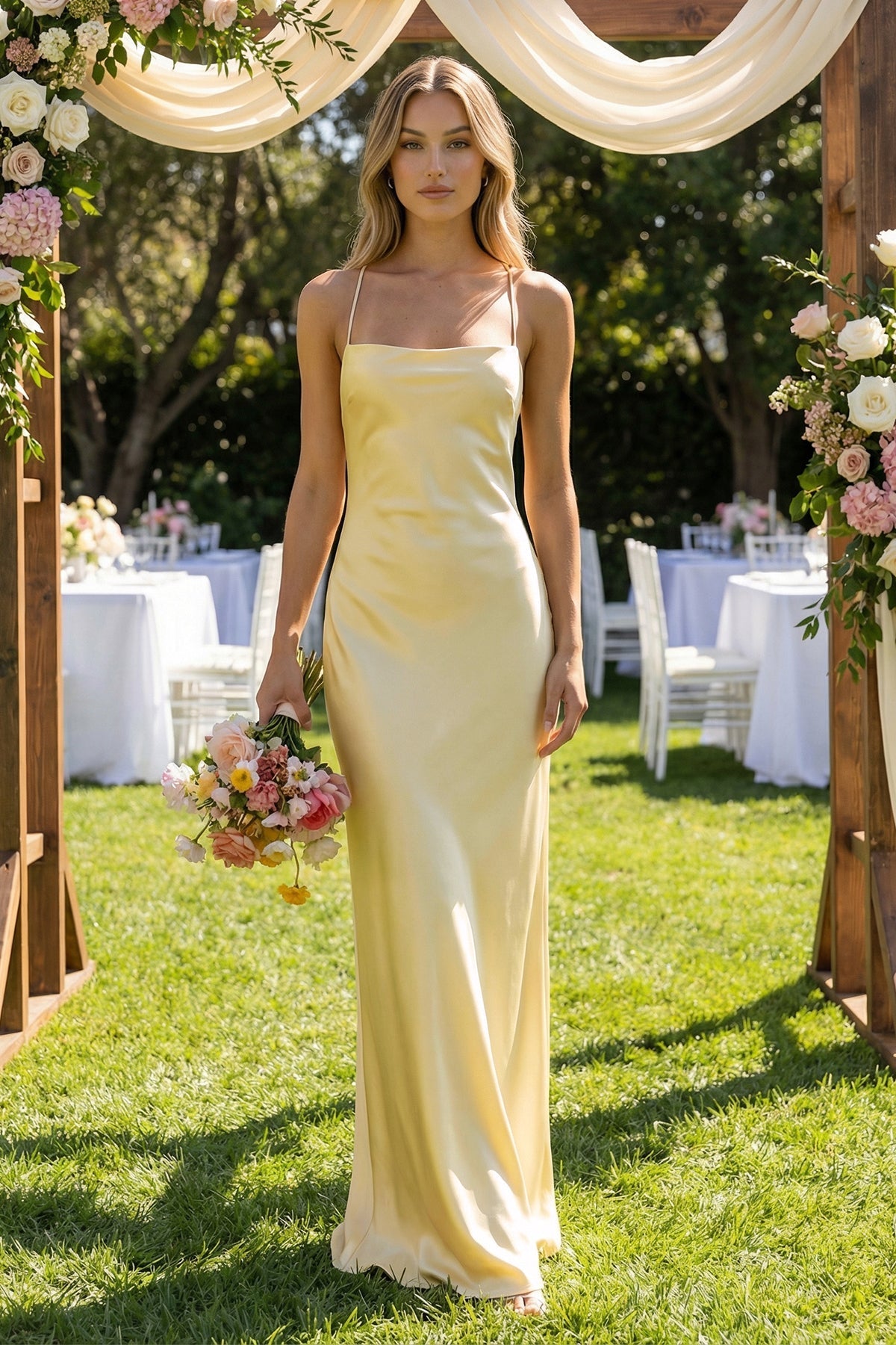 Sheath Satin Spaghetti Strap Bridesmaid Dress in Pastel Yellow, Pastel Yellow / 24