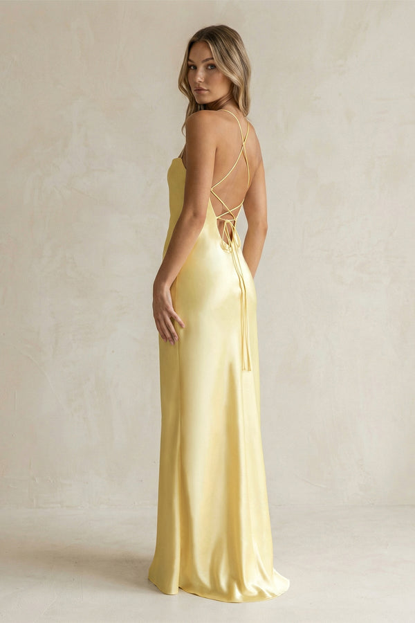 Sheath Satin Spaghetti Strap Bridesmaid Dress in Pastel Yellow - KissProm Bridesmaid Dresses