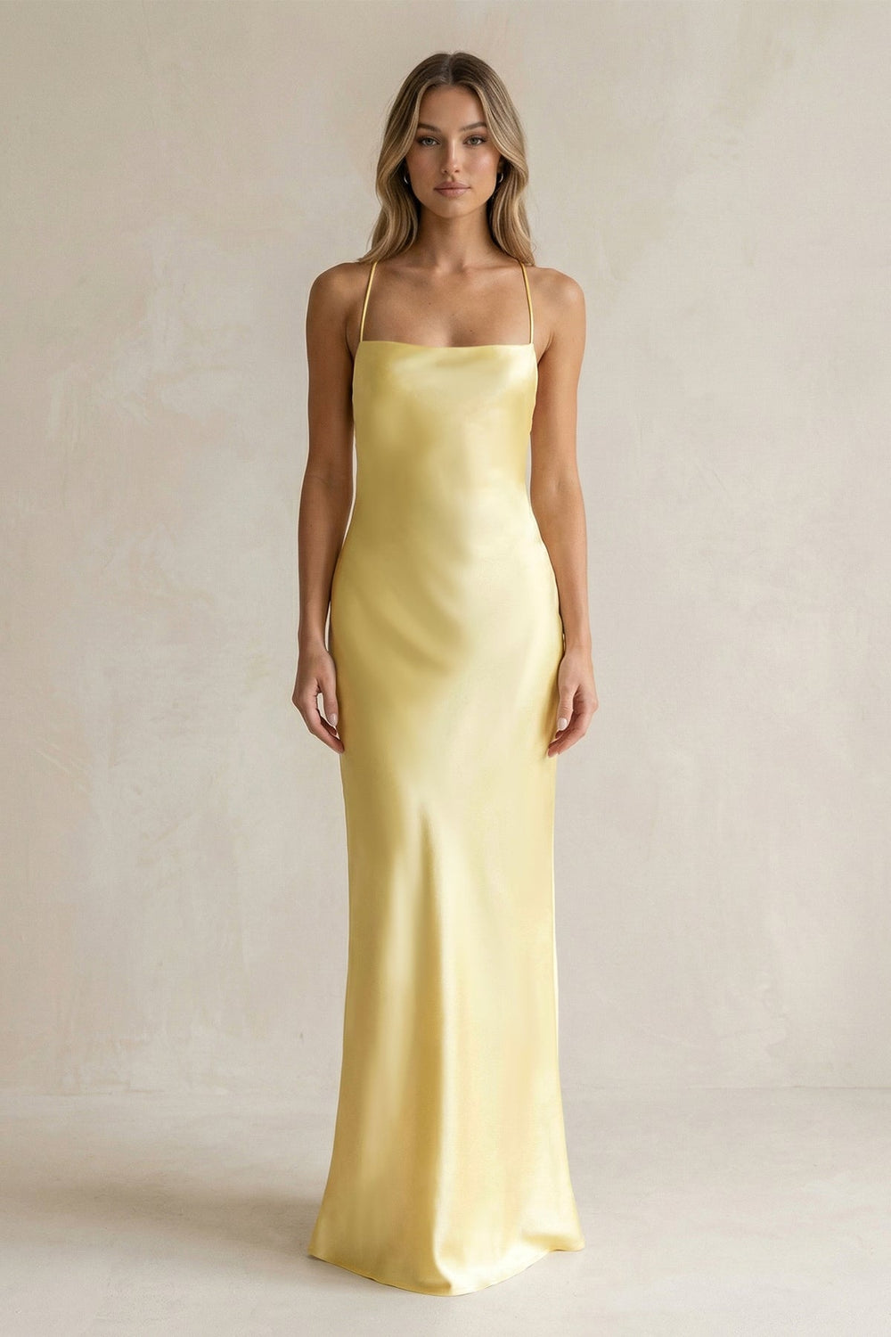 Sheath Satin Spaghetti Strap Bridesmaid Dress in Pastel Yellow - KissProm Bridesmaid Dresses