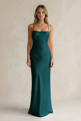 Sheath Satin Spaghetti Strap Bridesmaid Dress in Pine - KissProm Bridesmaid Dresses
