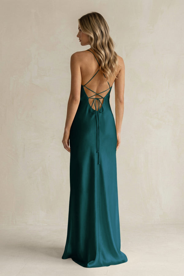 Sheath Satin Spaghetti Strap Bridesmaid Dress in Pine - KissProm Bridesmaid Dresses