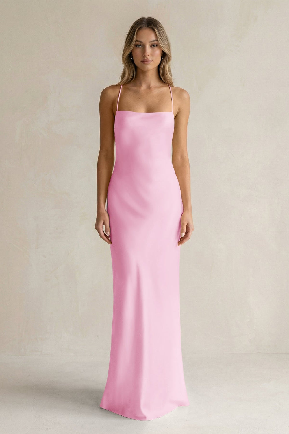 Sheath Satin Spaghetti Strap Bridesmaid Dress in Pink - KissProm Bridesmaid Dresses