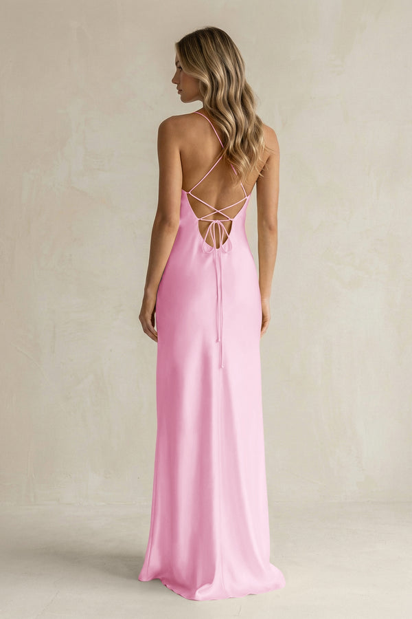 Sheath Satin Spaghetti Strap Bridesmaid Dress in Pink - KissProm Bridesmaid Dresses