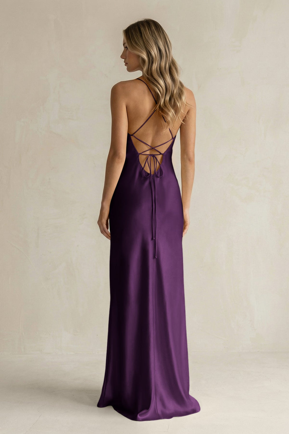 Sheath Satin Spaghetti Strap Bridesmaid Dress in Plum - KissProm Bridesmaid Dresses