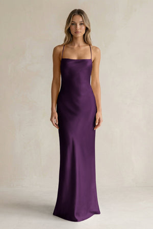 Sheath Satin Spaghetti Strap Bridesmaid Dress in Plum - KissProm Bridesmaid Dresses