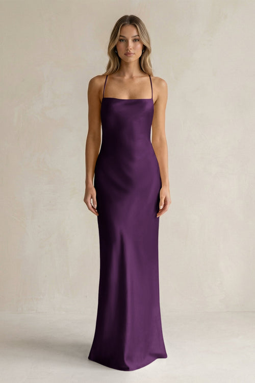 Sheath Satin Spaghetti Strap Bridesmaid Dress in Plum - KissProm Bridesmaid Dresses