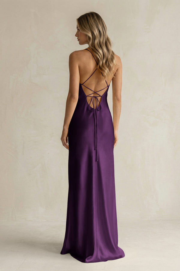 Sheath Satin Spaghetti Strap Bridesmaid Dress in Plum - KissProm Bridesmaid Dresses