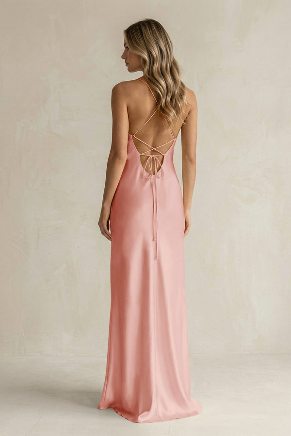 Sheath Satin Spaghetti Strap Bridesmaid Dress in Rose Petal - KissProm Bridesmaid Dresses