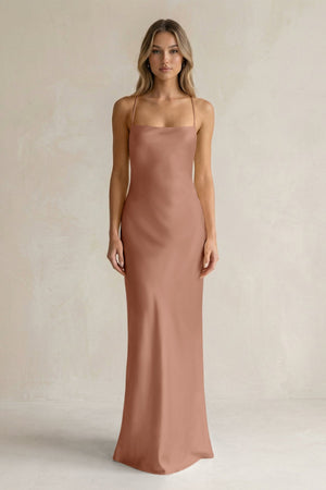 Sheath Satin Spaghetti Strap Bridesmaid Dress in Rosette - KissProm Bridesmaid Dresses