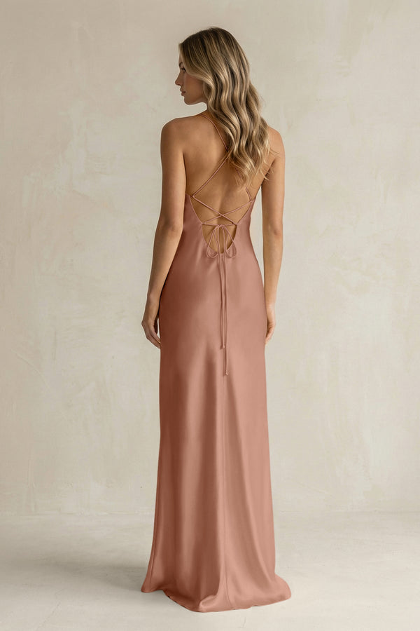 Sheath Satin Spaghetti Strap Bridesmaid Dress in Rosette - KissProm Bridesmaid Dresses