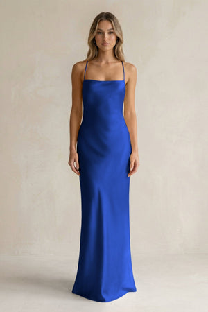 Sheath Satin Spaghetti Strap Bridesmaid Dress in Royal Blue - KissProm Bridesmaid Dresses