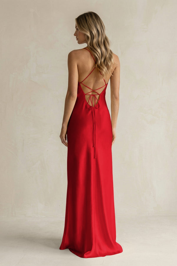 Sheath Satin Spaghetti Strap Bridesmaid Dress in Ruby Red - KissProm Bridesmaid Dresses