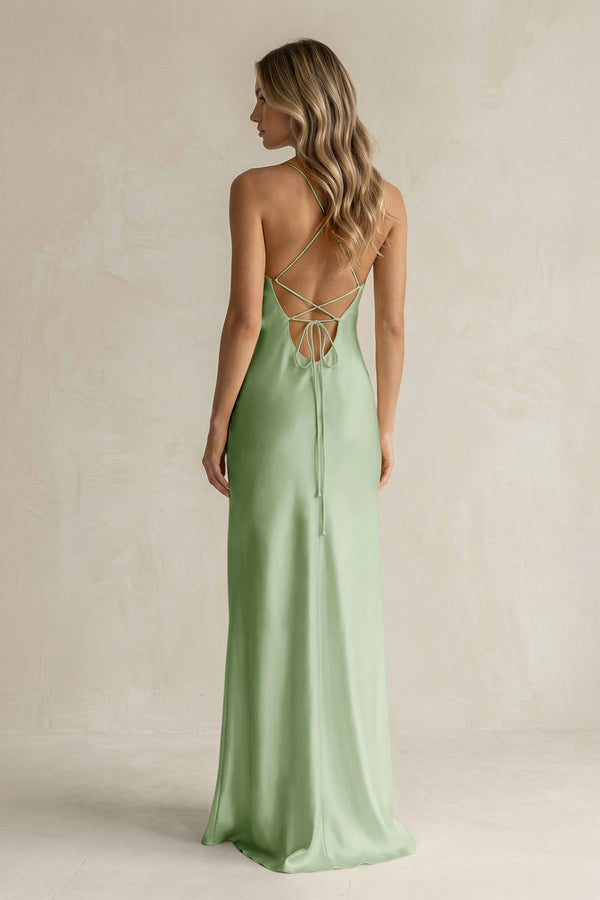 Sheath Satin Spaghetti Strap Bridesmaid Dress in Sage - KissProm Bridesmaid Dresses