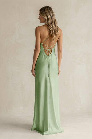 Sheath Satin Spaghetti Strap Bridesmaid Dress in Sage - KissProm Bridesmaid Dresses