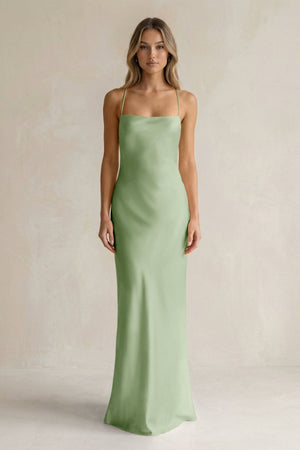 Sheath Satin Spaghetti Strap Bridesmaid Dress in Sage - KissProm Bridesmaid Dresses