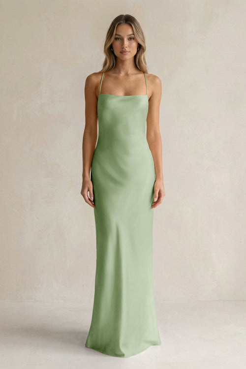 Sheath Satin Spaghetti Strap Bridesmaid Dress in Sage - KissProm Bridesmaid Dresses