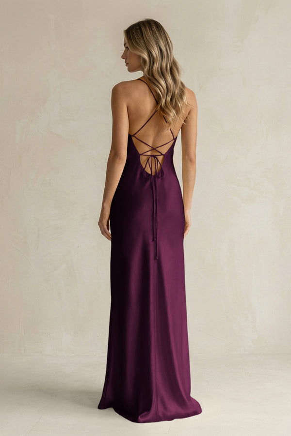 Sheath Satin Spaghetti Strap Bridesmaid Dress in Sangria - KissProm Bridesmaid Dresses