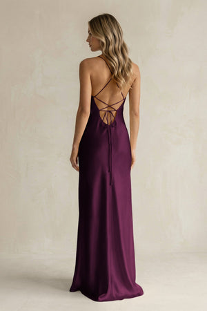 Sheath Satin Spaghetti Strap Bridesmaid Dress in Sangria - KissProm Bridesmaid Dresses