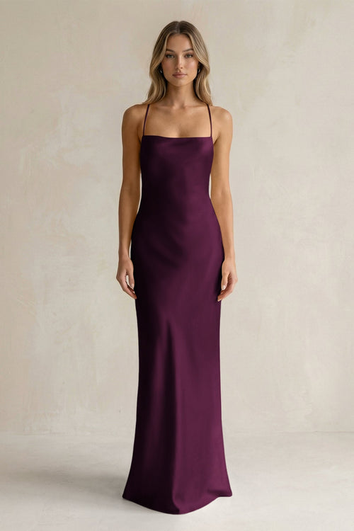 Sheath Satin Spaghetti Strap Bridesmaid Dress in Sangria - KissProm Bridesmaid Dresses