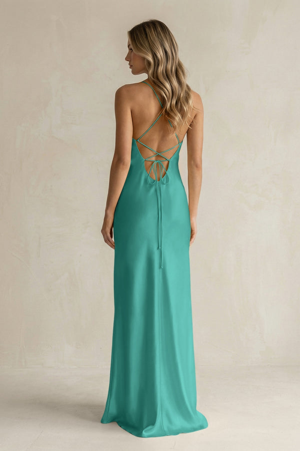Sheath Satin Spaghetti Strap Bridesmaid Dress in Sea Glass - KissProm Bridesmaid Dresses
